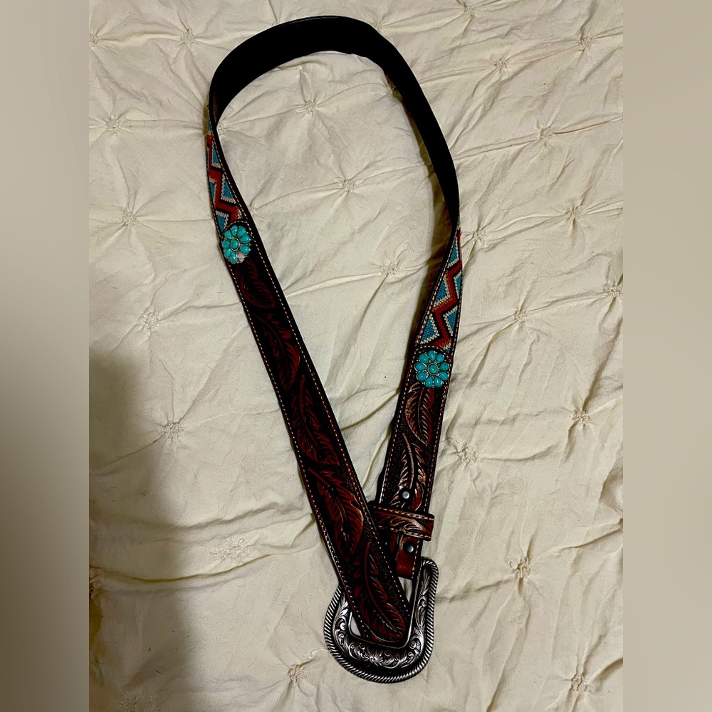 Ariat Brown and Turquoise Embroidered Belt